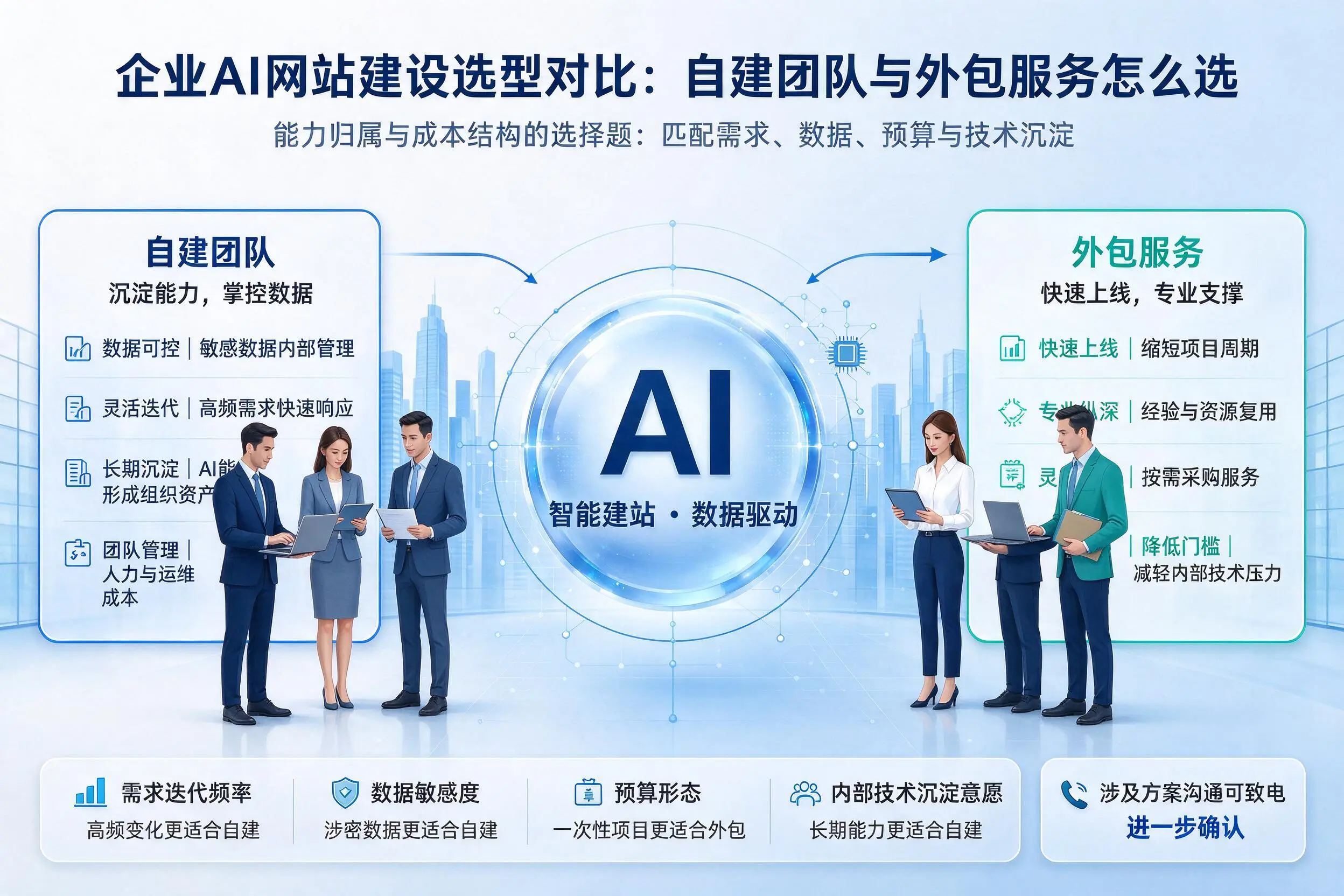 河南企业AI网站建设选型对比：自建团队与外包服务怎么选